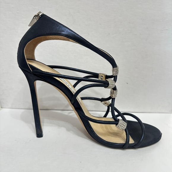 JIMMY CHOO Swarovski Crystal Embellished Sandals Navy High Heel Pump 37.5 Shoes - Picture 6 of 15